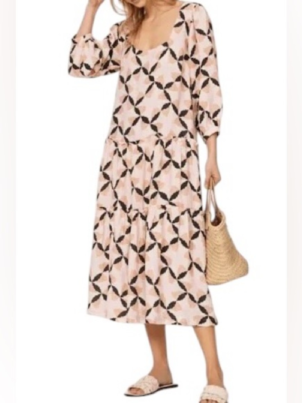 The Odells Linen Boho Tiered Midi Dress Block Print Tassel Open Back Pink Black